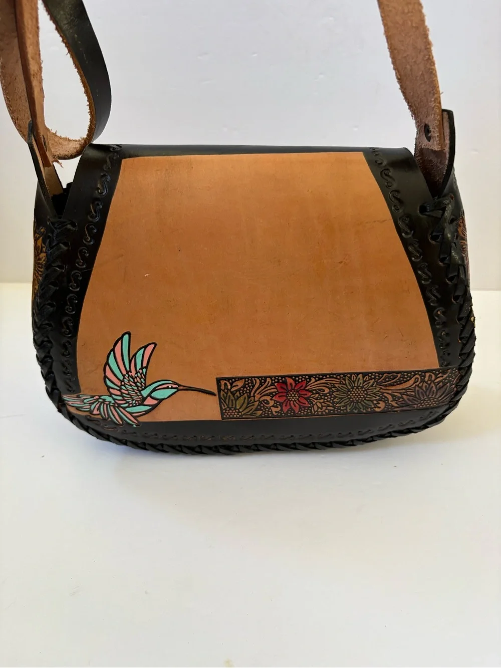 Mexican Leather Crossbones Bag Hand Crafted Tooled Hummingbird Brown Black Artsy